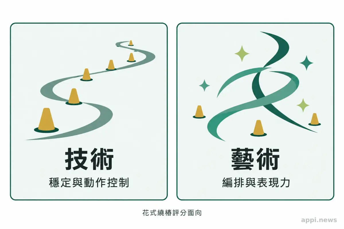 圖中以兩個並列區塊呈現花式繞樁的技術與藝術評分面向。