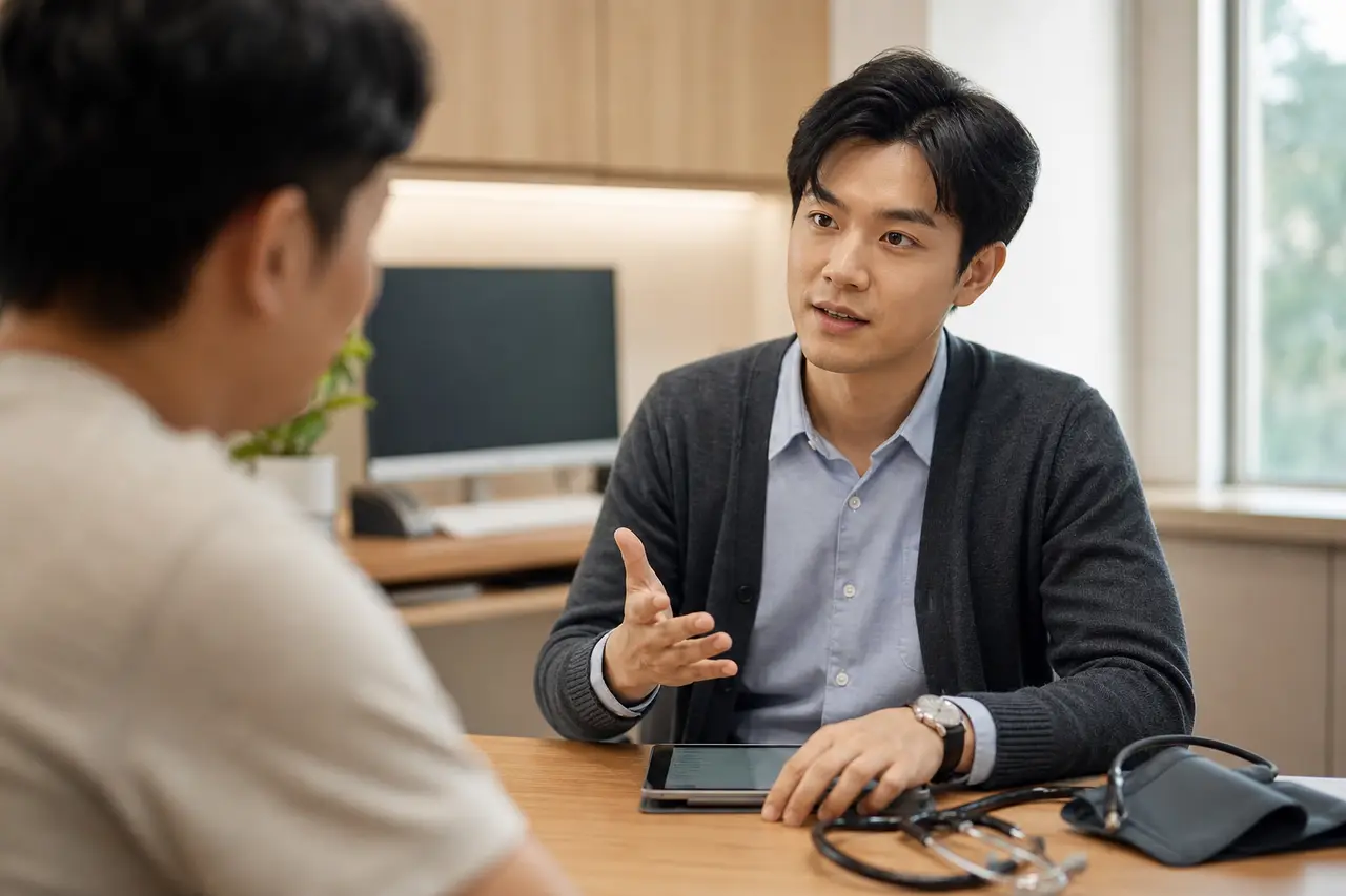 醫師在診間與患者溝通，背景螢幕顯示 AI 輔助介面