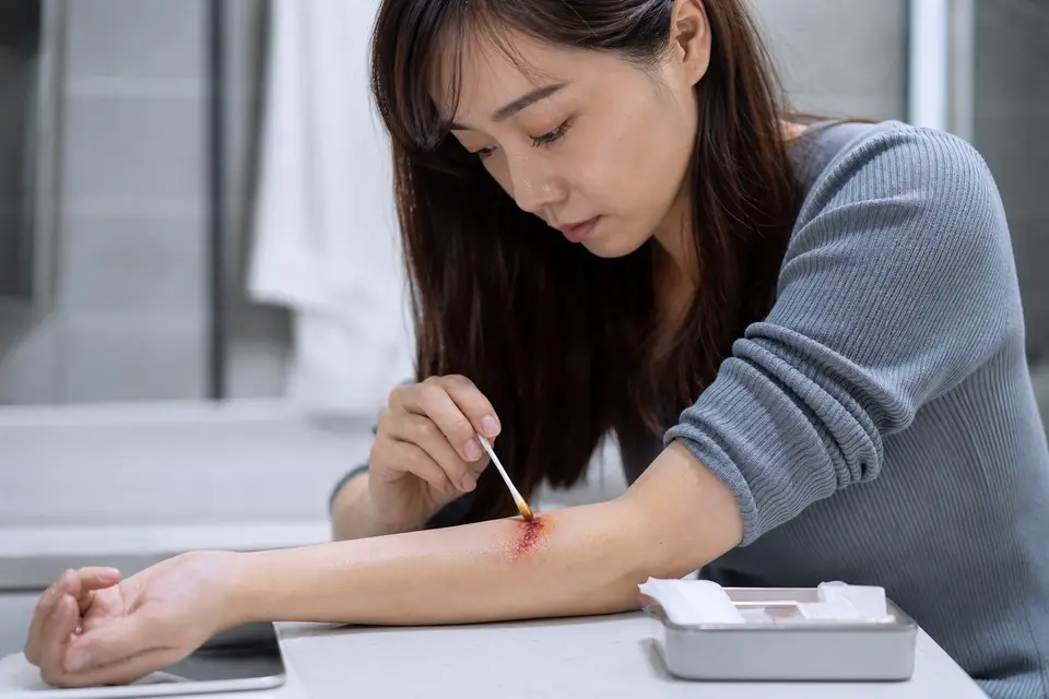 優碘棉棒準備塗抹在手部擦傷傷口(示意圖)