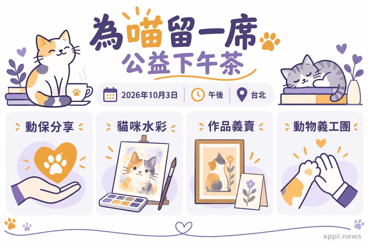 公益下午茶活動資訊圖,以四個區塊呈現動保分享、貓咪壓克力顏料創作、手繪作品義賣與動物義工團串聯,頂端標示活動日期、時間與台北場地