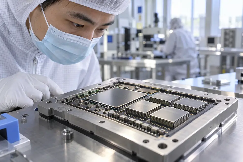 矽中介層、GPU 晶粒與高頻寬記憶體封裝的示意性近拍