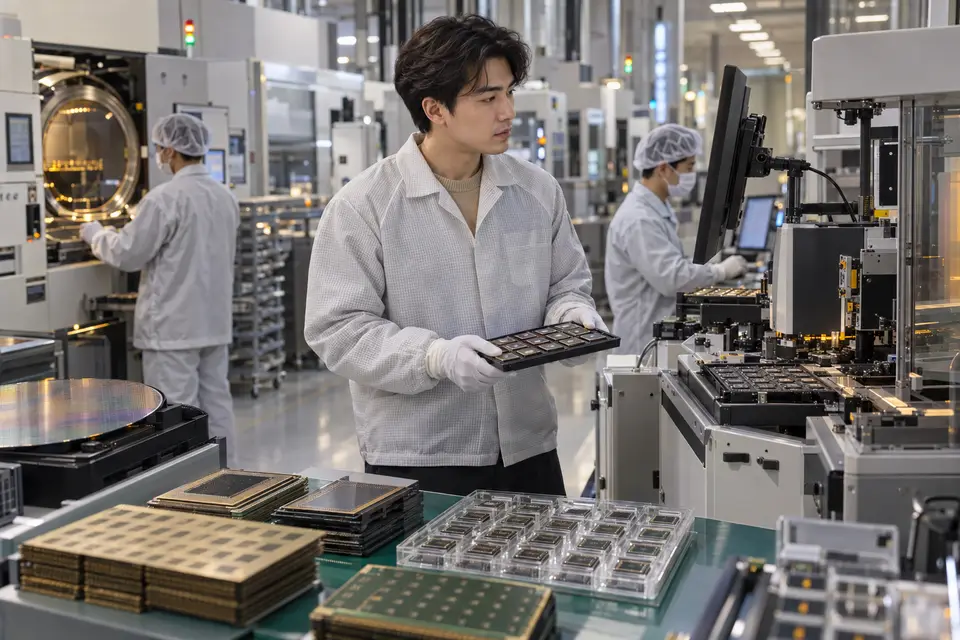 半導體封裝產線、測試設備與載板材料組成的製造場景