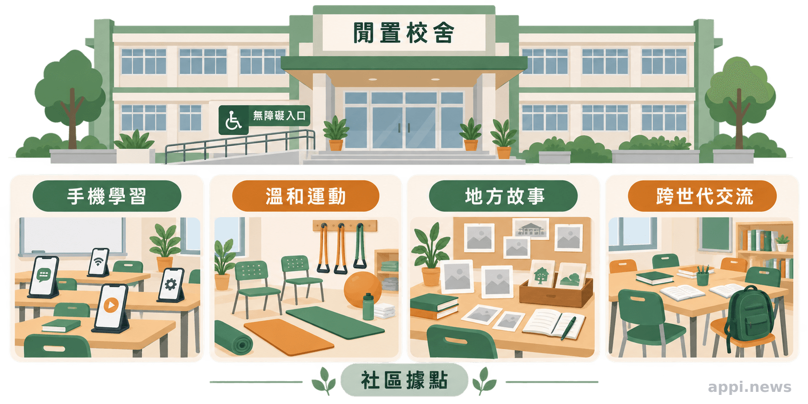 閒置校舍轉為高齡學習與跨世代交流據點的示意圖