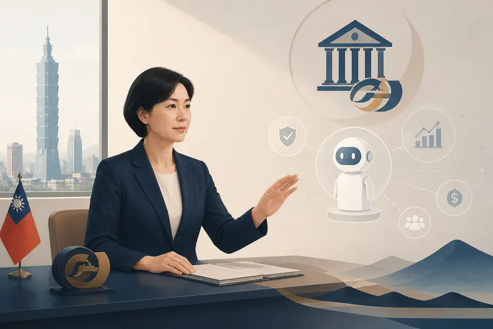 辦公桌上的台灣企業治理情境與 AI 服務圖示,象徵模型、權限與責任的管理界線。