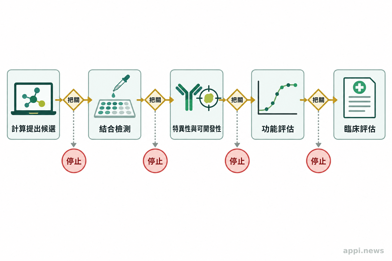 流程圖由計算提出候選開始，依序呈現結合、特異性與可開發性檢查，再到功能及臨床評估，各階段設有把關節點。