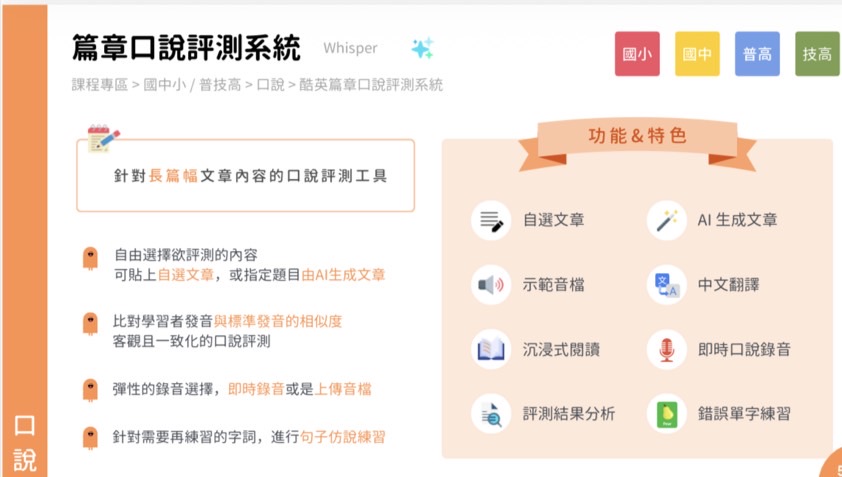Whisper 篇章口說評測系統的介面資訊，顯示自選文章、示範音檔與評測功能