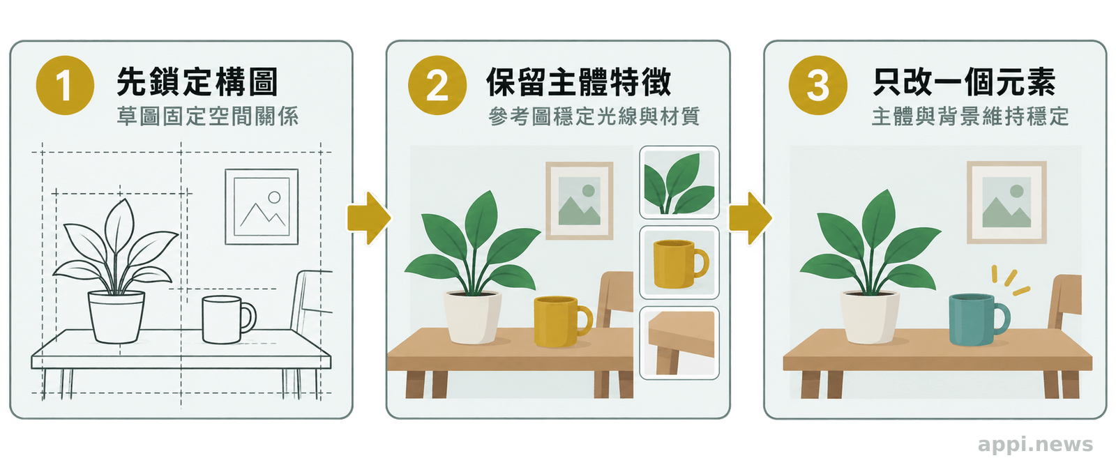 三階段流程圖呈現草圖固定構圖、參考圖保留主體，再針對單一元素進行精準修改。