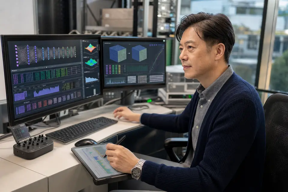 工程師在工作站檢查 AI 模型轉換與校準流程，象徵 PTQ 與 QAT