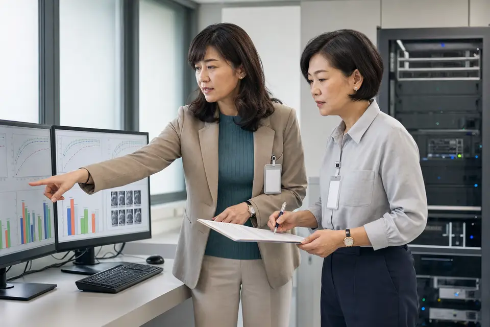 工程師與醫療資訊人員共同檢查 AI 模型量化後的驗證報告與部署指標