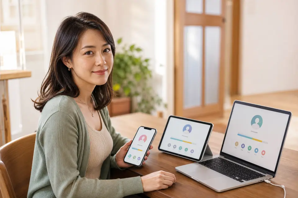 家庭桌面上的手機、平板與筆電各自顯示帳戶，象徵 Google AI Pro 家庭成員分開使用