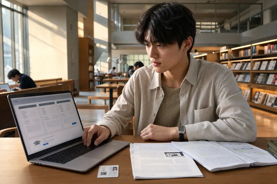 台灣大專學生在圖書館用筆電查看人工智慧學生方案與課堂資料