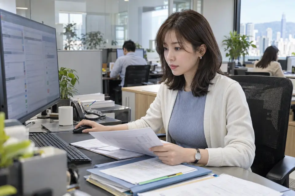服務人員在電腦前檢視 AI 決策結果與人工申訴處理流程