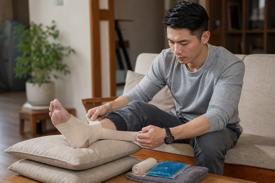 居家進行腳踝抬高與彈性繃帶加壓包紮的步驟示意（示意圖）