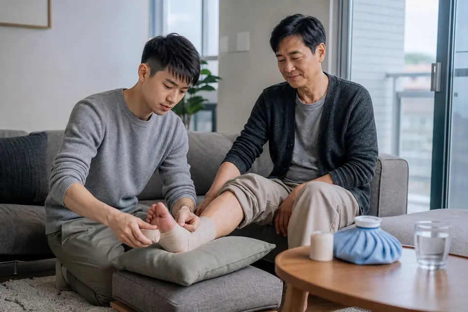居家照護腳踝扭傷的兒童或長者情境（示意圖）