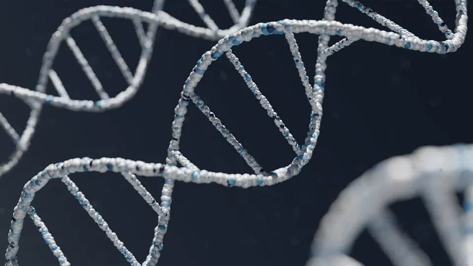 深色背景上多條白色串珠質感 DNA 雙螺旋結構並列，帶藍色點綴，寫實科學風格