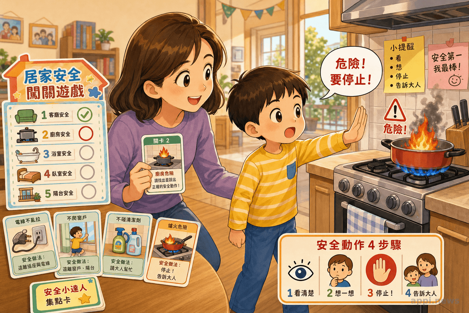 親子進行居家安全闖關遊戲，孩子指認廚房危險並學習停止動作