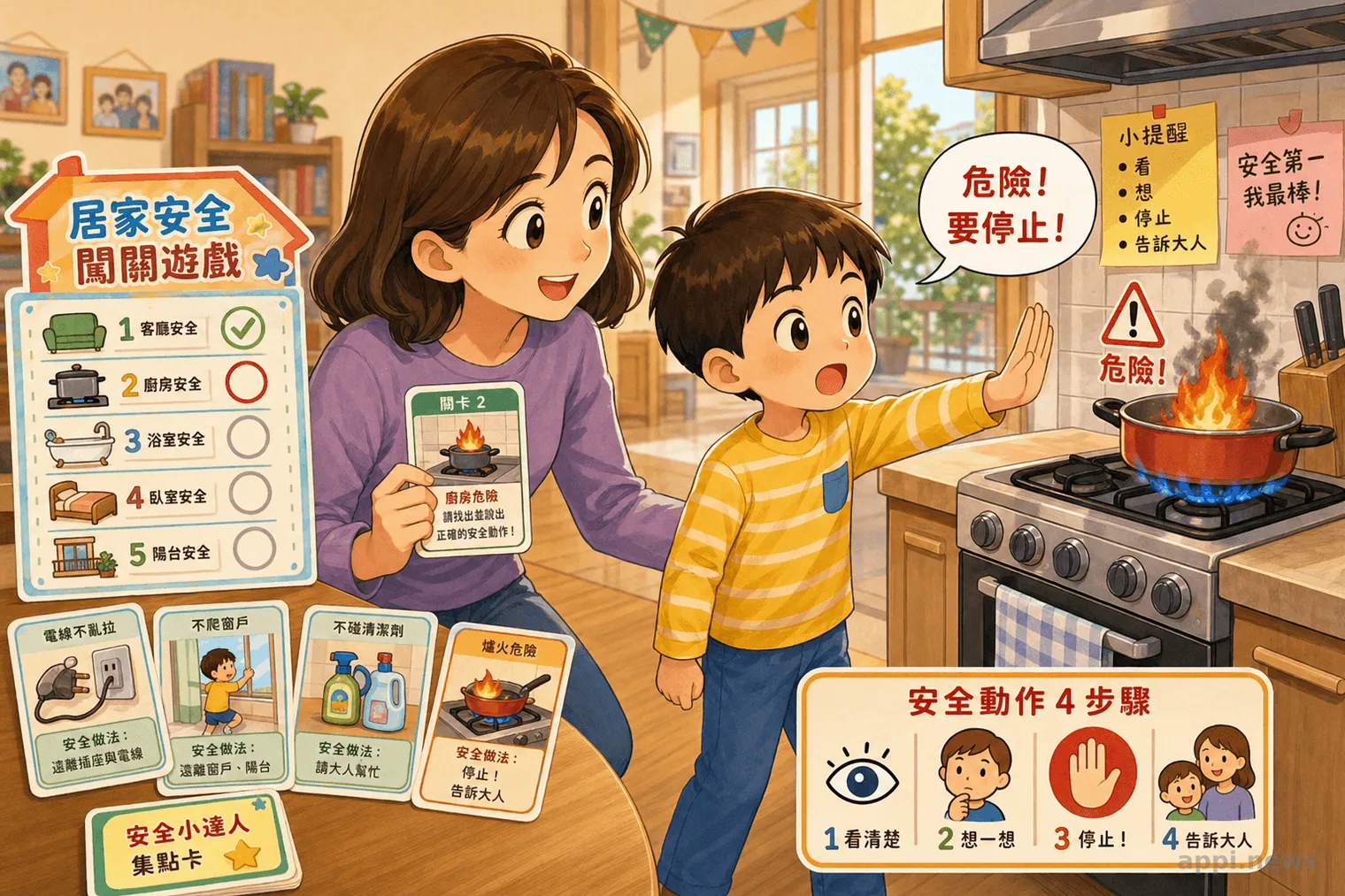 親子進行居家安全闖關遊戲，孩子指認廚房危險並學習停止動作