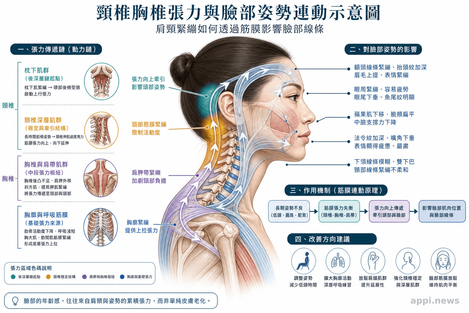 頸椎胸椎張力與臉部姿勢連動示意圖，說明肩頸緊繃如何透過筋膜影響臉部線條