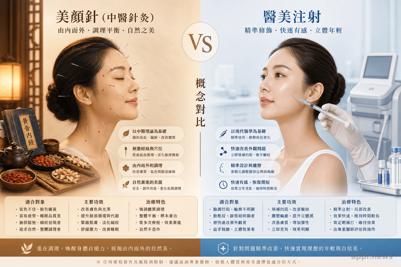 美顏針（中醫針灸）與醫美注射的概念對比，呈現兩種不同的美容治療方向