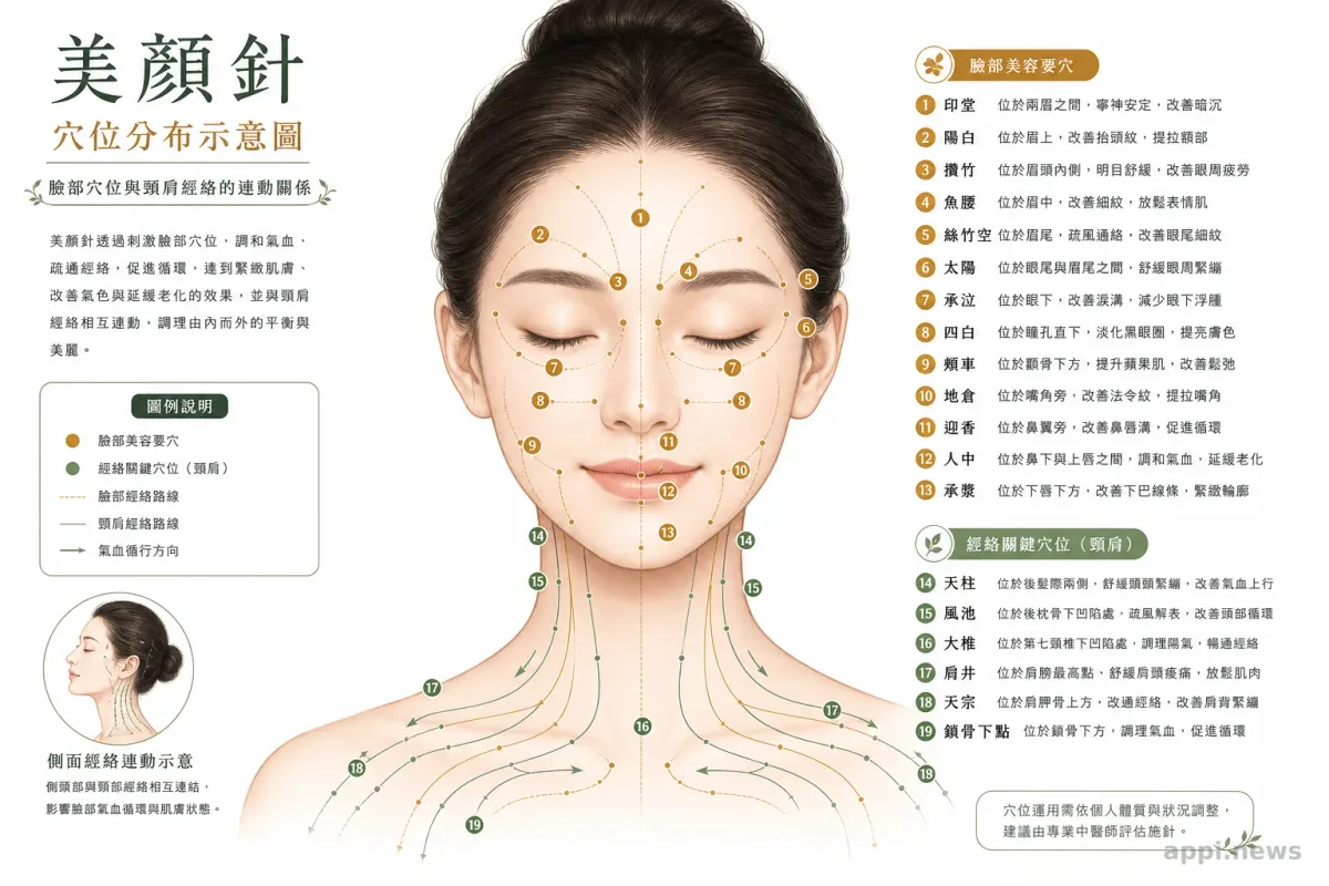 美顏針臉部穴位分布示意圖,呈現臉部與頸肩的取穴範圍