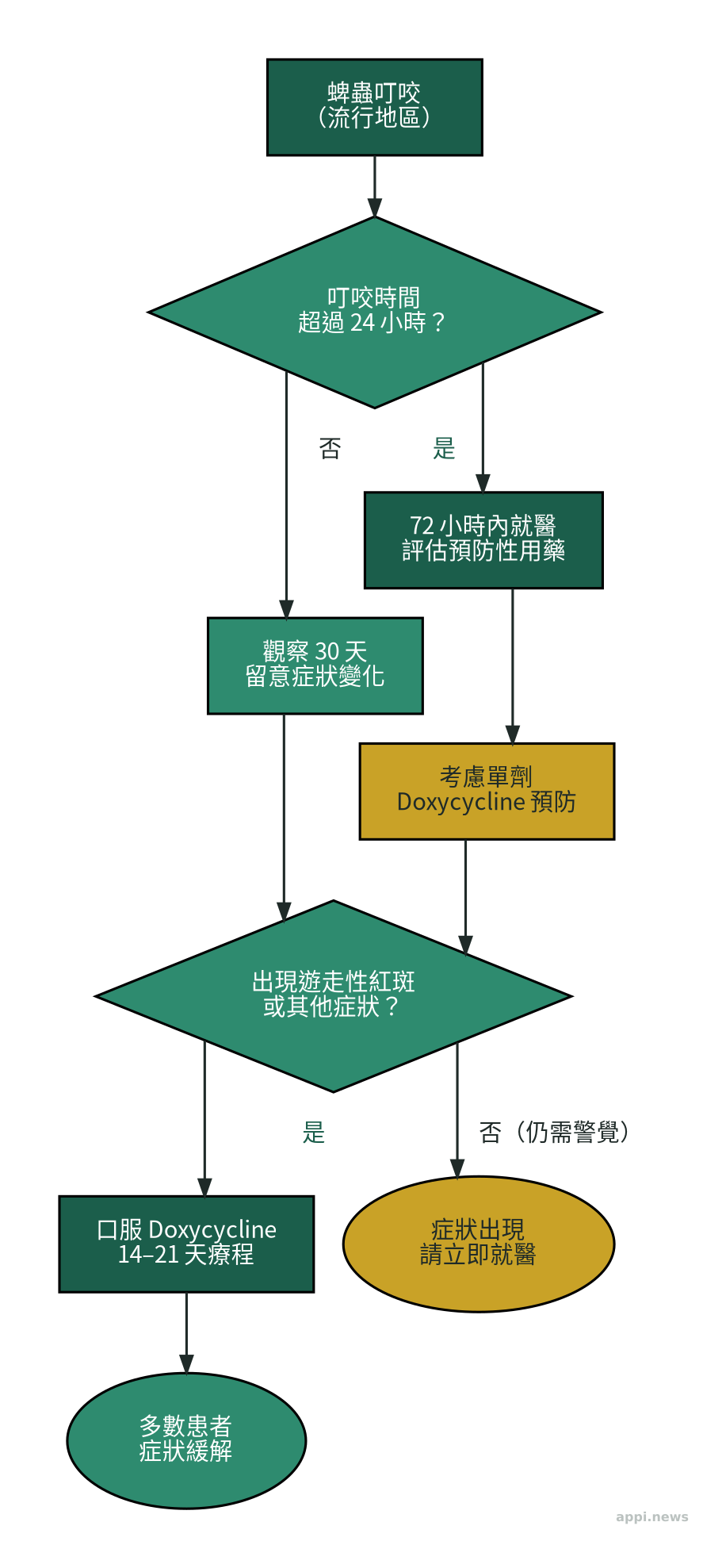 萊姆病就醫決策流程圖：從蜱蟲叮咬到預防性用藥與治療的判斷路徑