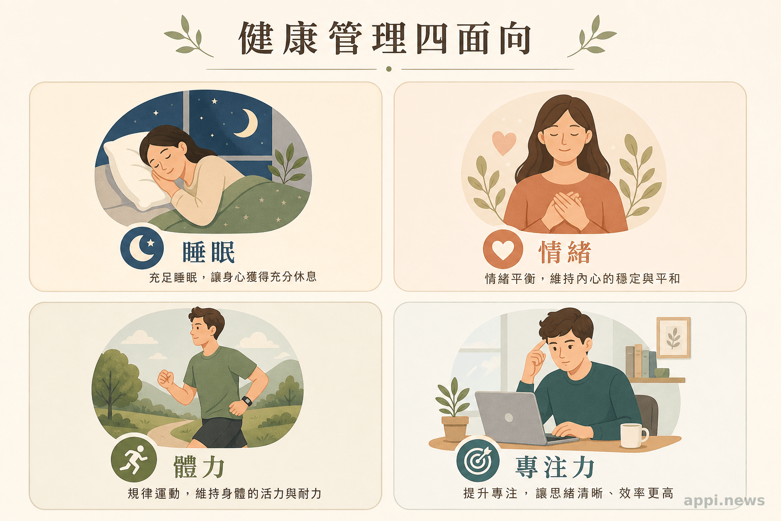 健康管理四面向示意圖：睡眠、情緒、體力與專注力四個面向的圖示