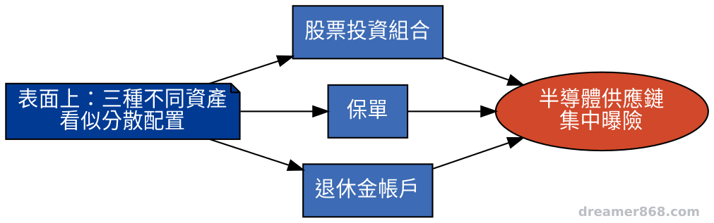 示意圖呈現股票、保單、退休金三個帳戶以箭頭匯聚指向同一個半導體供應鏈節點，凸顯看似分散實則集中的風險