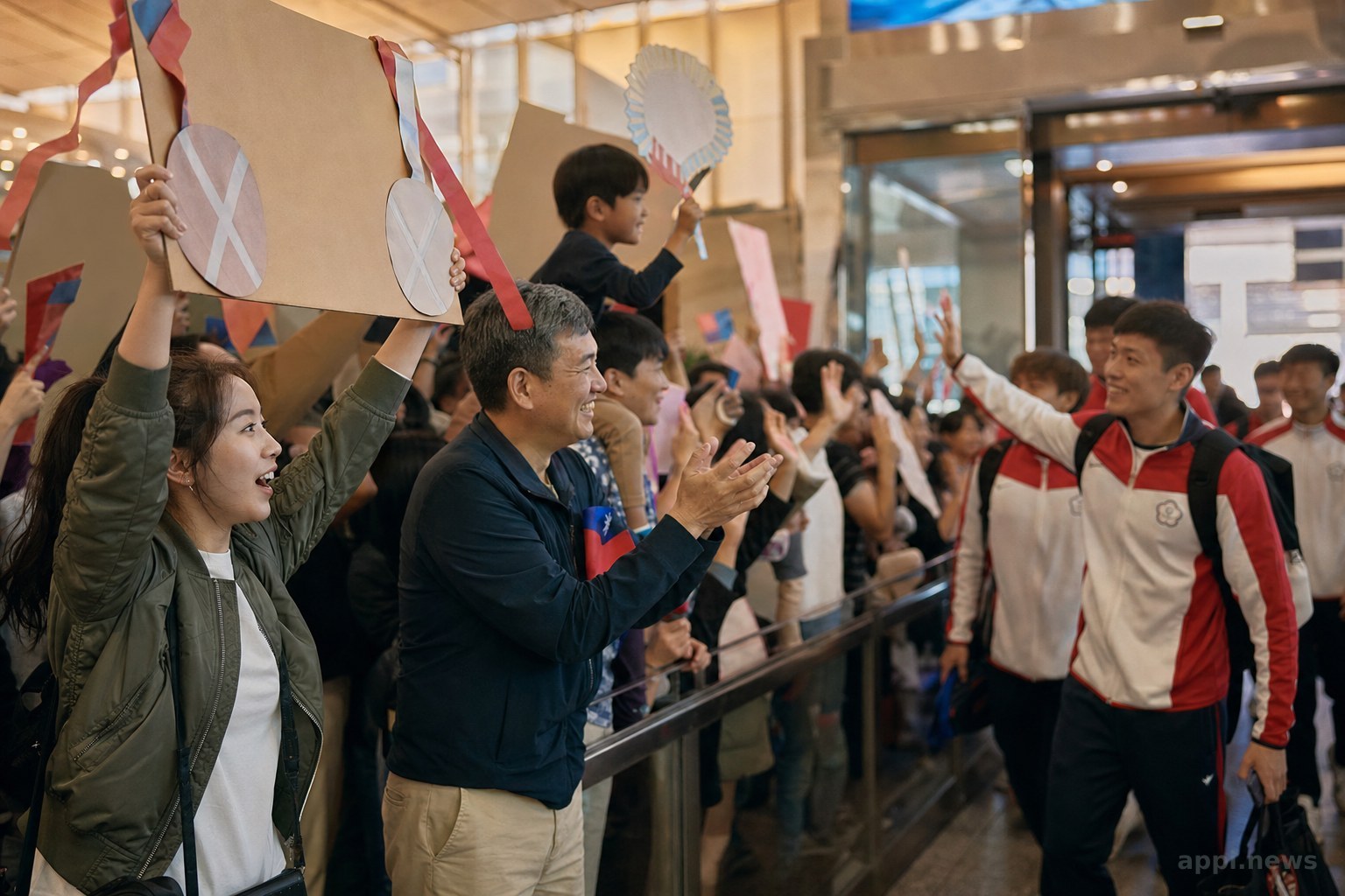 台灣桌球男團返抵桃園機場，球迷手持加油板熱情迎接選手返國