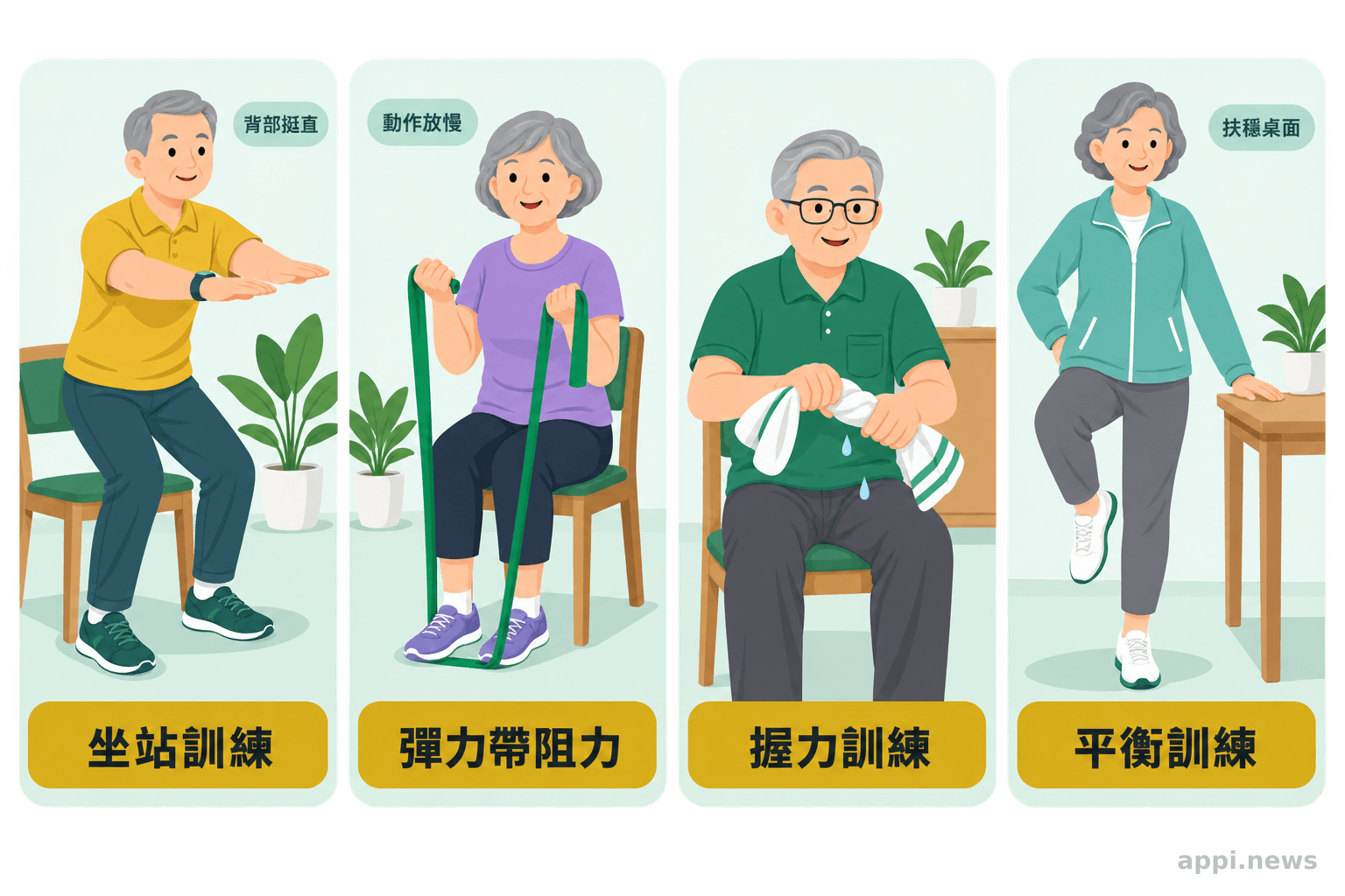 四格居家運動示意圖,呈現長者坐站訓練、彈力帶手臂彎舉、擰毛巾握力訓練,以及扶桌單腳站立平衡訓練