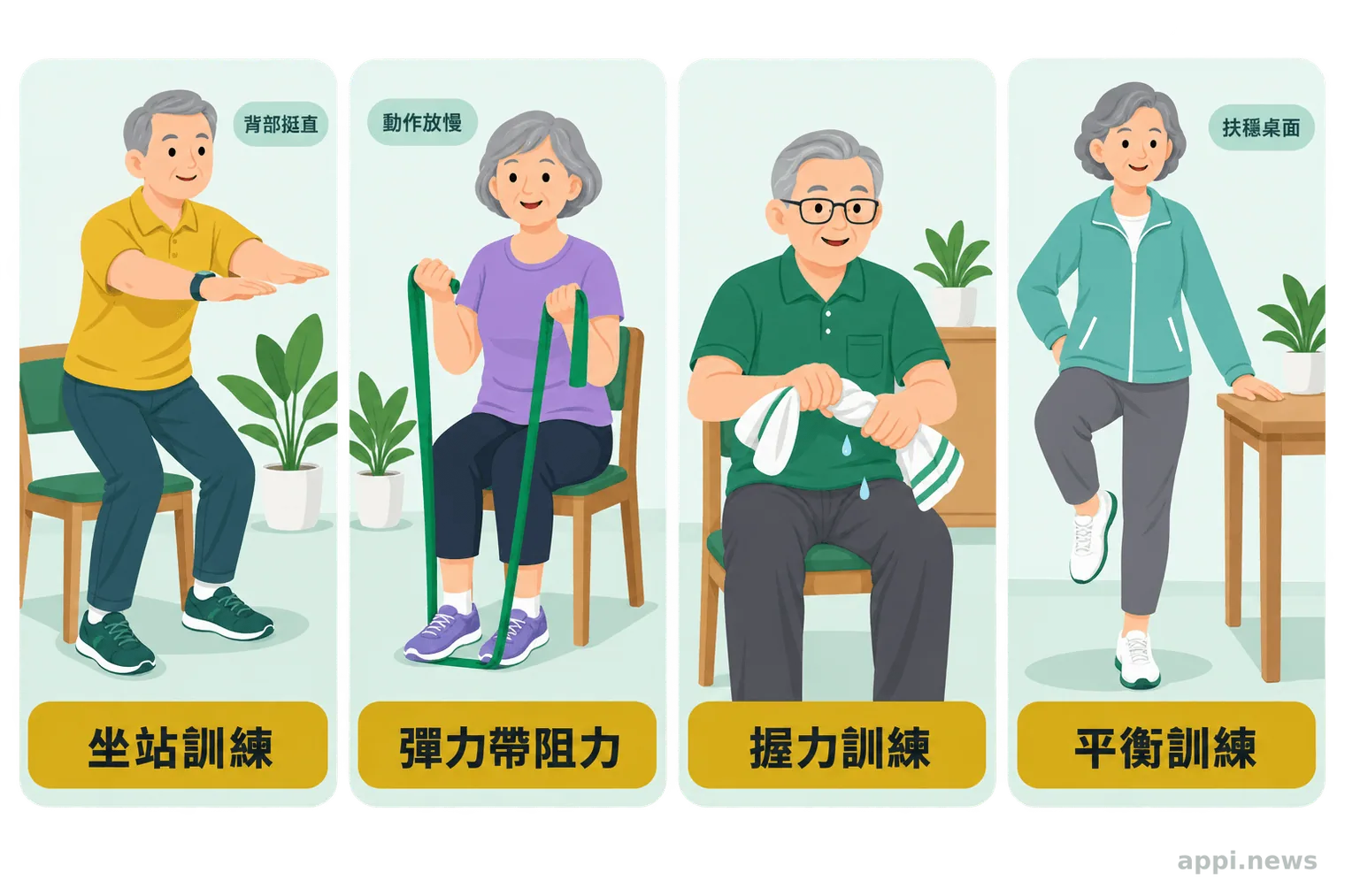 四格居家運動示意圖，呈現長者坐站訓練、彈力帶手臂彎舉、擰毛巾握力訓練，以及扶桌單腳站立平衡訓練
