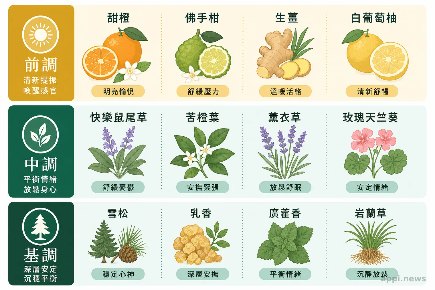 前調、中調、基調精油分層示意圖，列出各層代表精油與功能