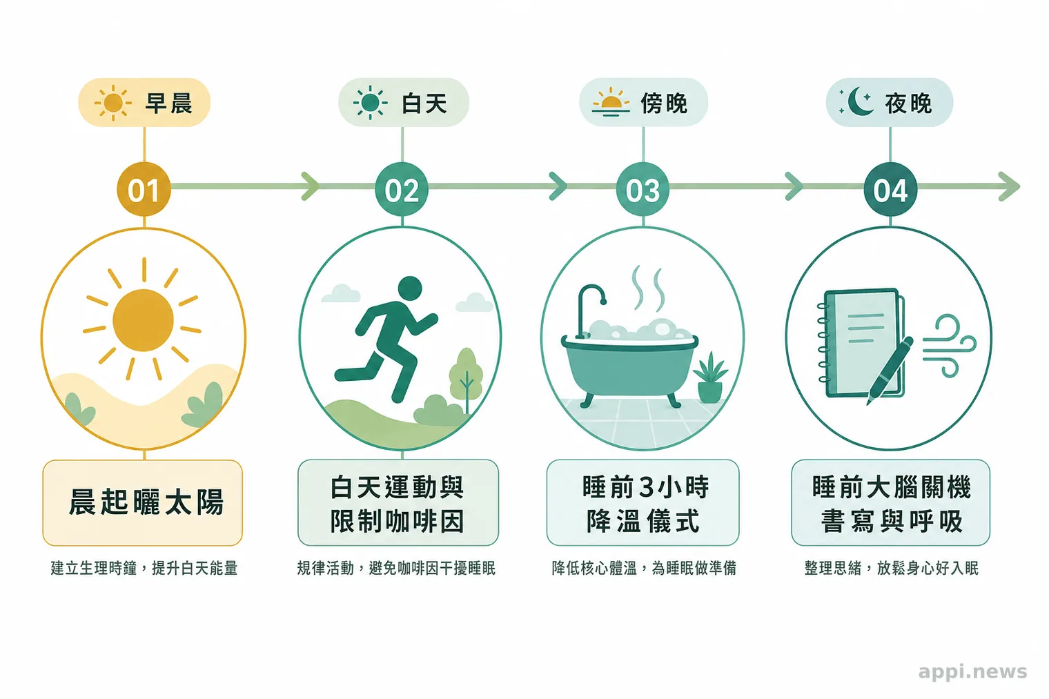 更年期睡眠調養四階段時間軸示意圖：晨間光照、白天作息、睡前降溫儀式、睡前大腦關機