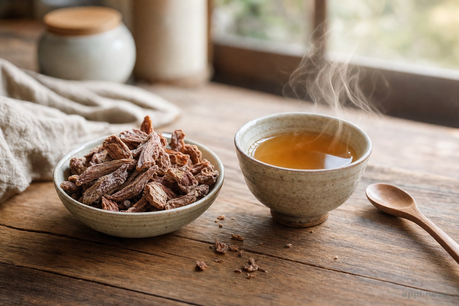 情境示意圖：紅景天乾燥根與草本茶飲的溫暖廚房場景