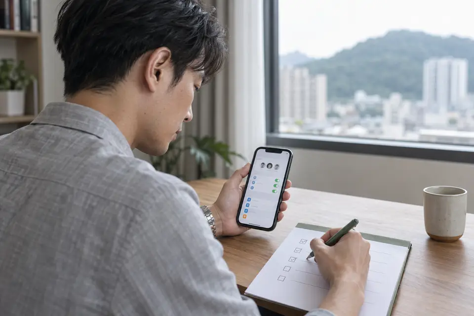 桌面上的手機顯示帳號與訂閱設定，旁邊有檢查清單