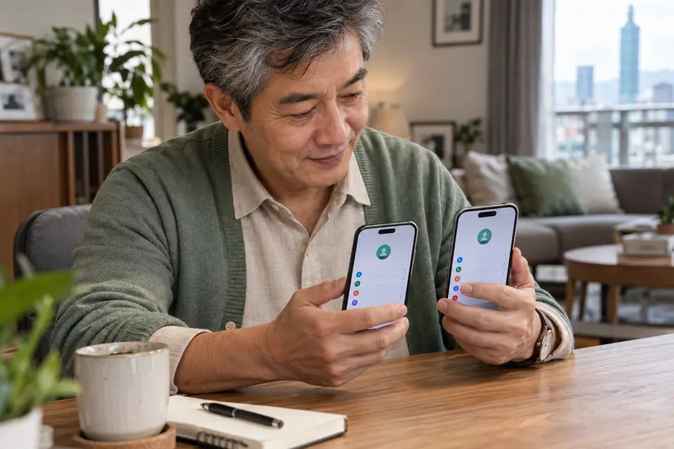 兩支手機並排顯示帳號設定頁，象徵核對家人共享與購買帳號