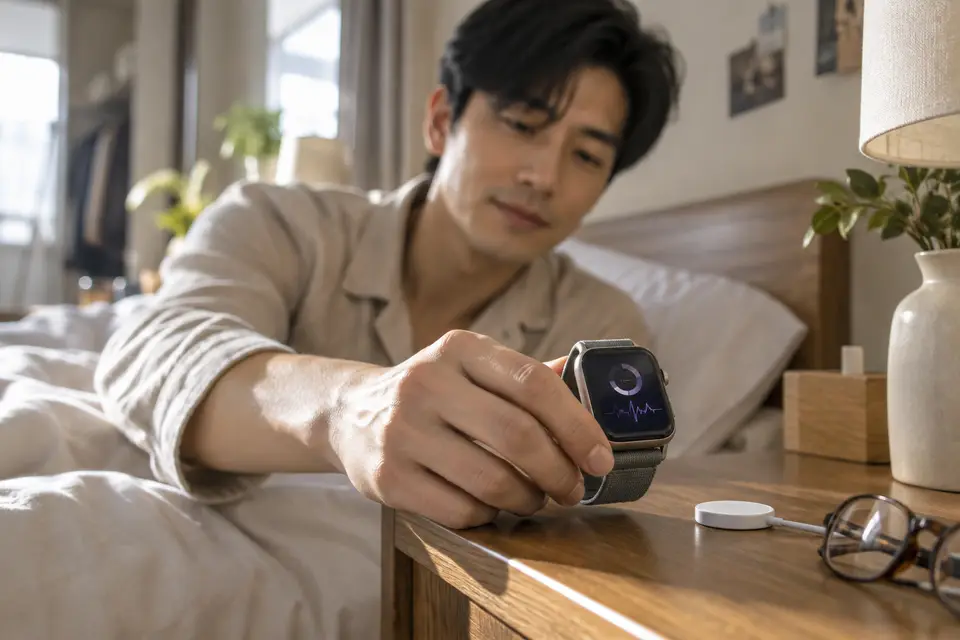 夜間床邊的智慧手錶顯示睡眠追蹤畫面（示意圖）