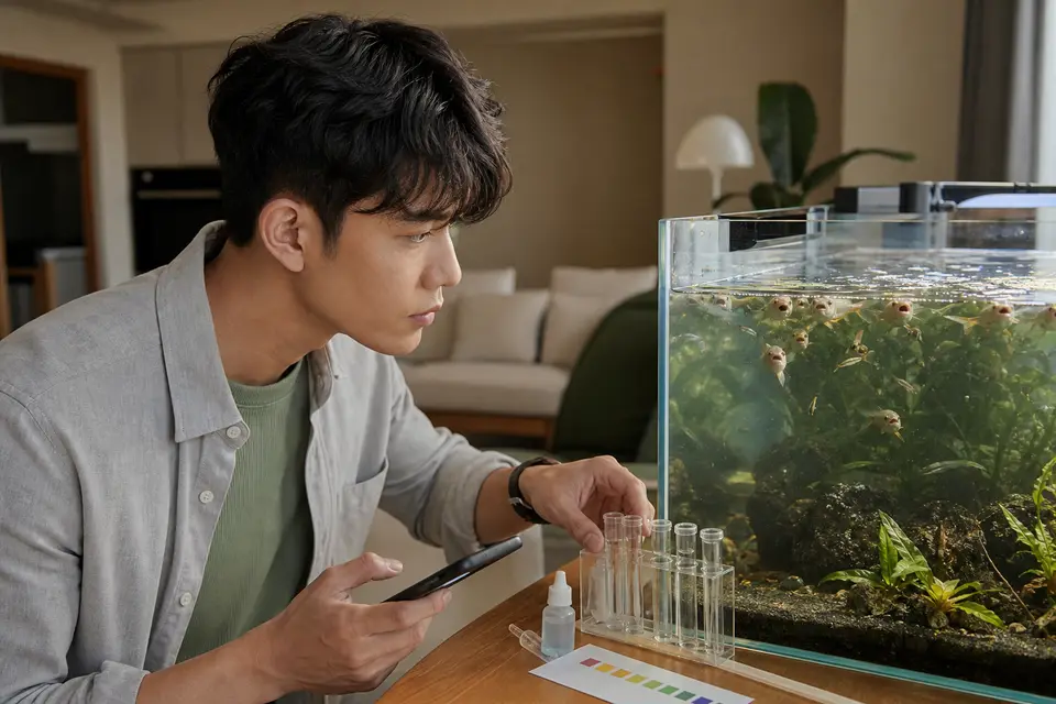 魚隻在水面附近急促呼吸,旁邊可見水質檢測工具,呈現需要立即處理的水質警訊