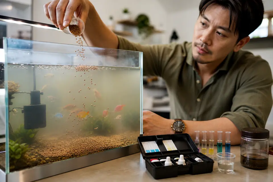 新魚缸完成過濾與打氣,前方放著氨、亞硝酸鹽與硝酸鹽測試工具,呈現開缸檢查步驟