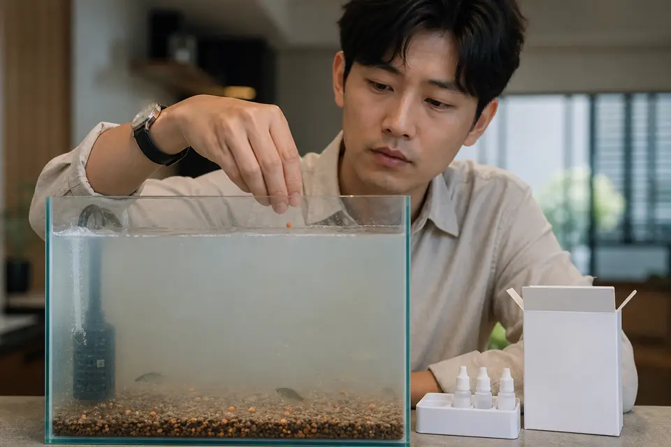 過量餵食造成混濁魚缸,旁邊放著未吃完的飼料與水質檢測工具,呈現常見開缸錯誤