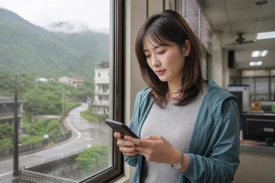民眾在室內用手機查詢雨天與防災資訊，窗外可見山區道路