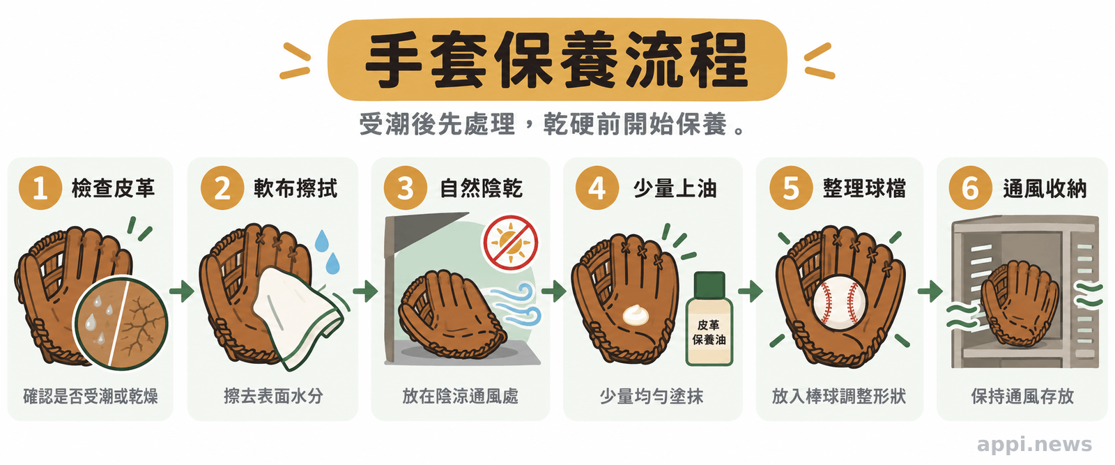棒球手套依序經過擦拭、自然陰乾、少量上油、整理球檔與收納等保養步驟
