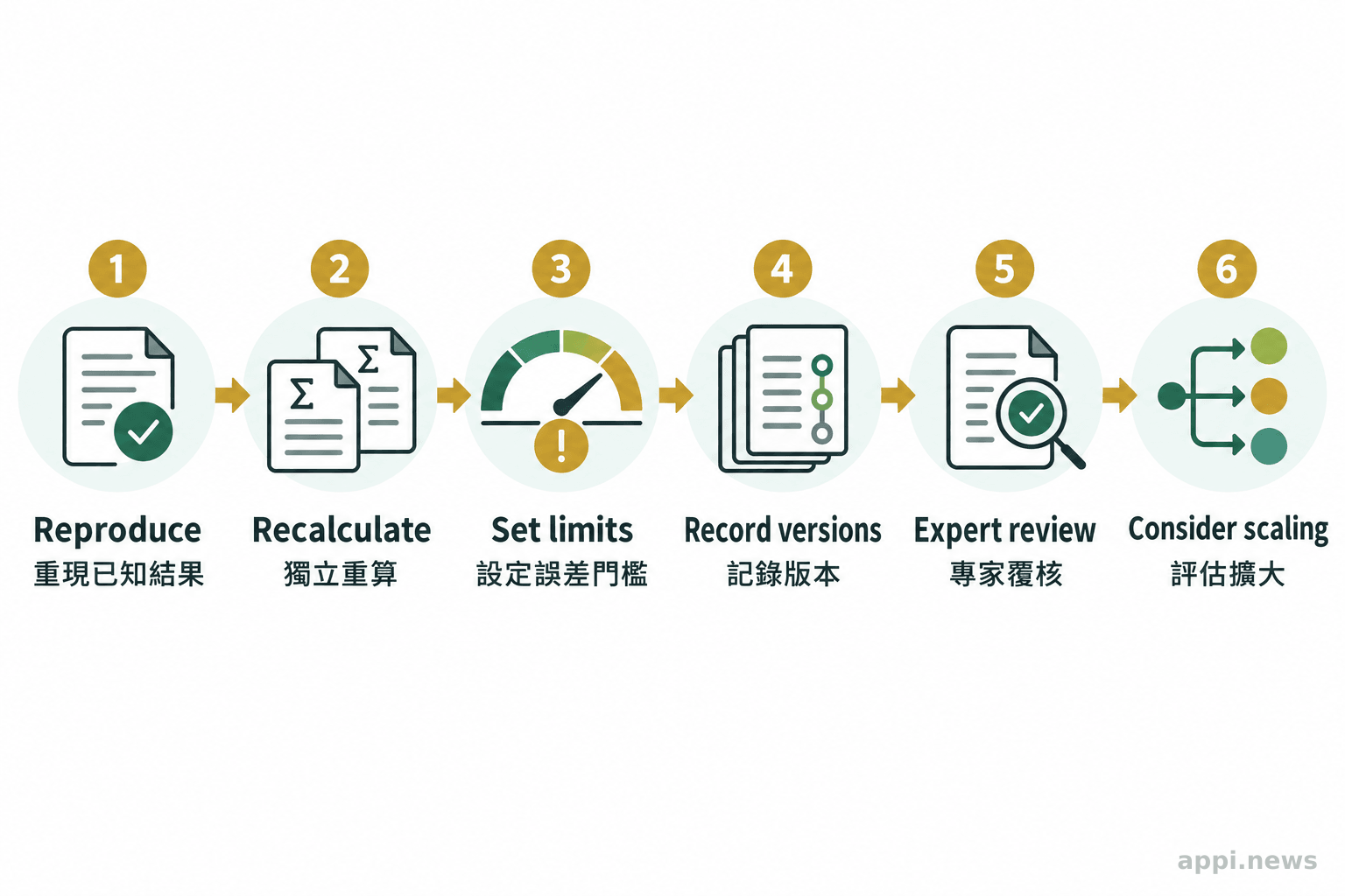 六個相連步驟依序呈現重現已知結果、獨立重算、設定門檻、記錄版本、專家覆核與評估擴大。