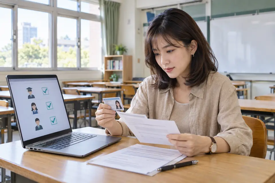 教室桌上的筆電顯示教育資格核對表，旁邊有學生證與校務文件