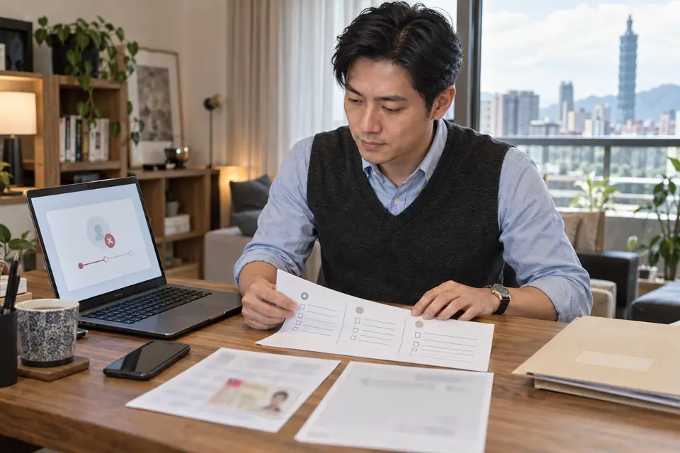 筆電與紙本清單呈現教育驗證被拒後的資格、信箱與文件三類排查流程