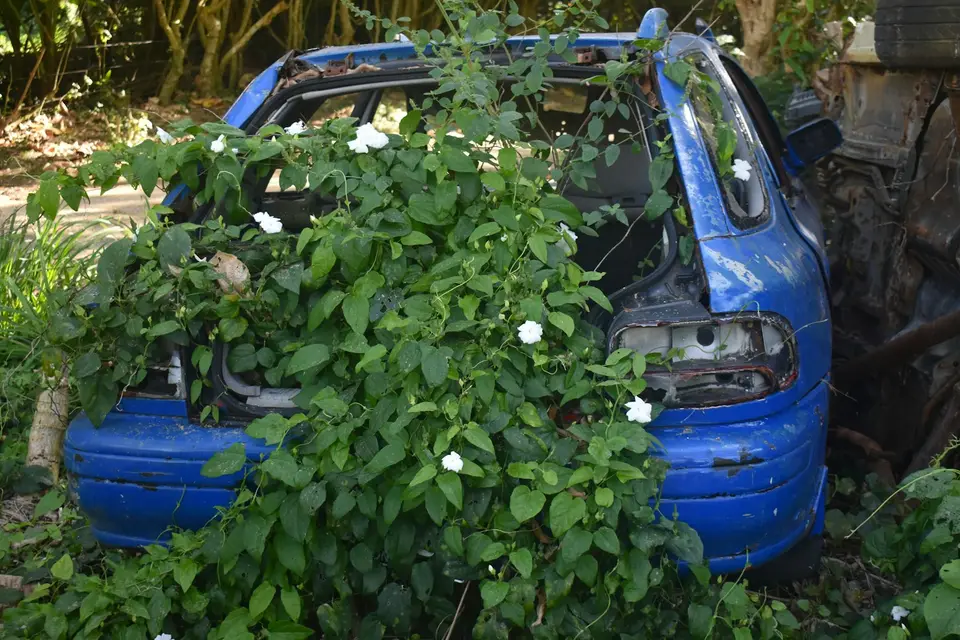 事故車輛受損後停在道路旁，等待後續檢查與處理