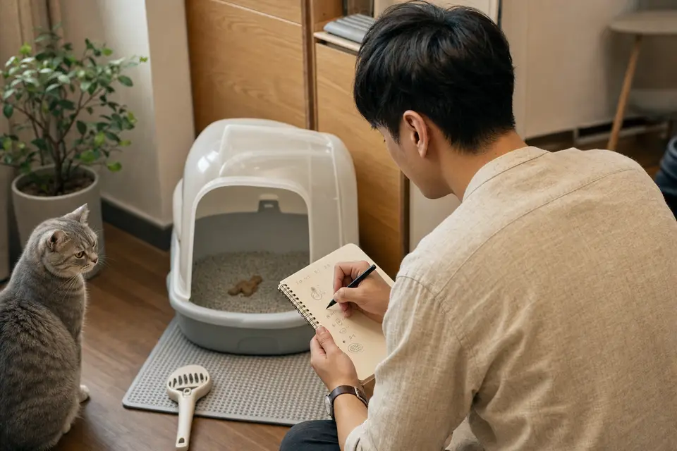 飼主在筆記本記錄貓咪腹瀉次數與便便外觀,旁邊有貓砂盆和貓咪(示意圖)