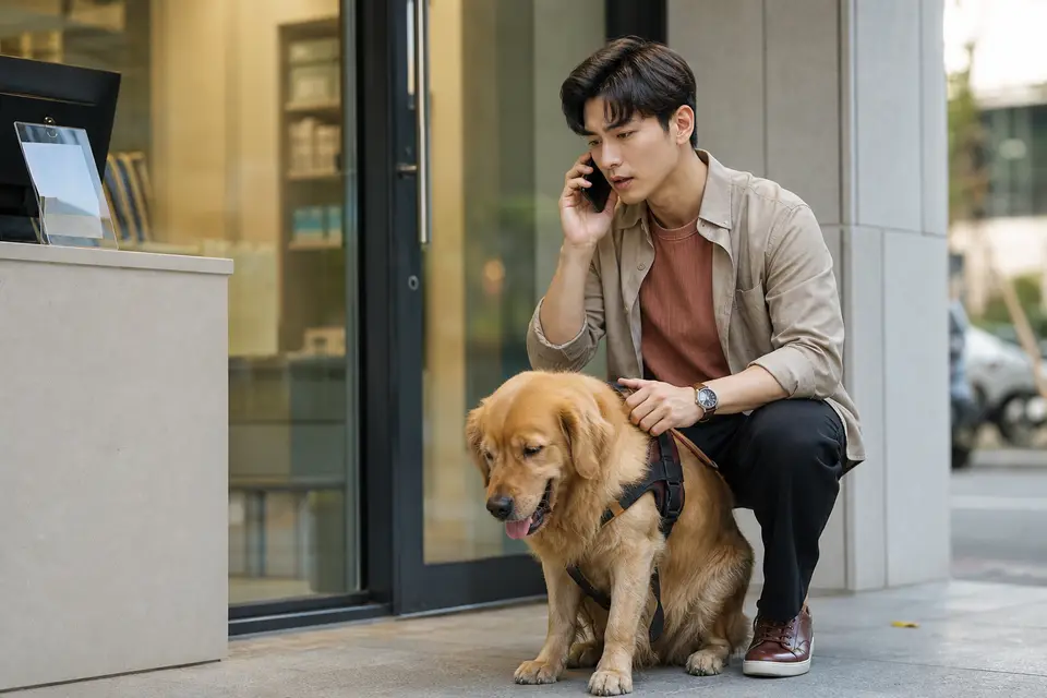 狗狗在飼主身旁，桌上放著巧克力與葡萄包裝，旁邊是動物醫院電話紀錄