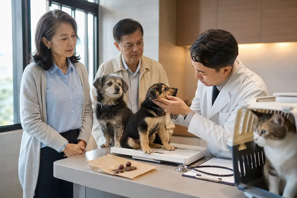 幼犬、高齡犬與貓咪在動物醫院候診區由飼主陪同，呈現不同生命階段需要個別評估