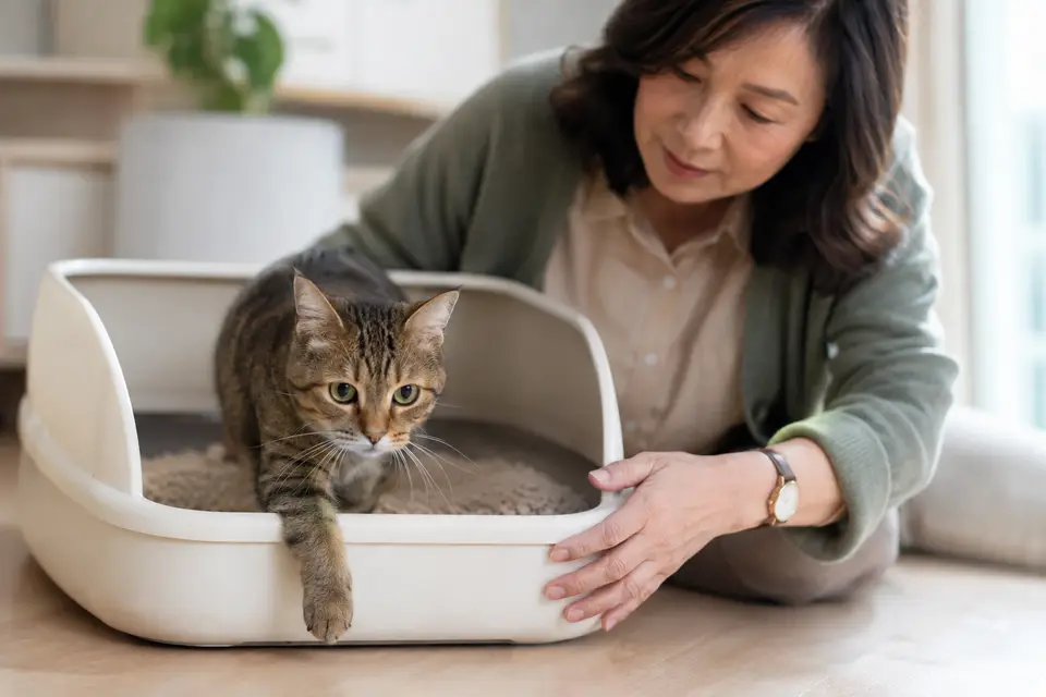 三種不同材質的貓砂與貓砂盆並排放置，飼主準備比較並逐步換砂