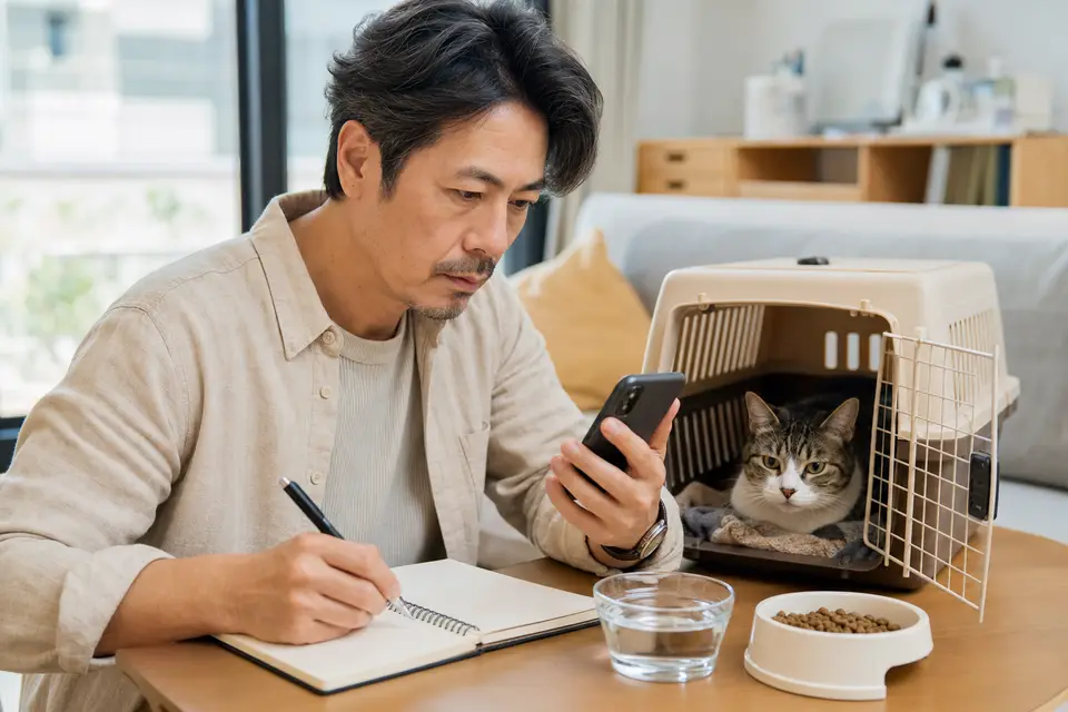 飼主用手機記錄貓咪飲水、進食、排尿與嘔吐狀況，旁邊放著外出籠（示意圖）